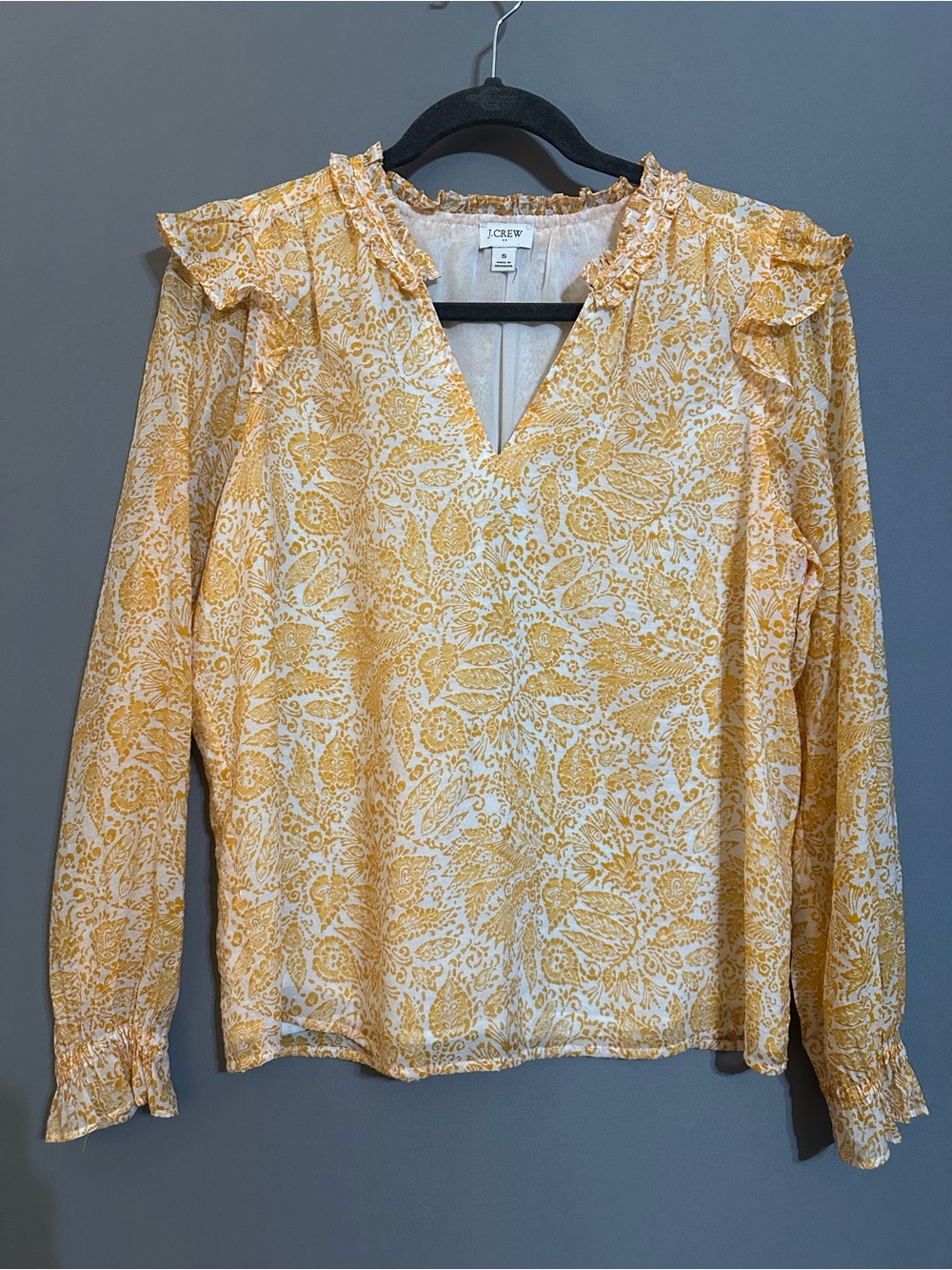 J. Crew Yellow Paisley V-Neck Ruffle-Trim Blouse